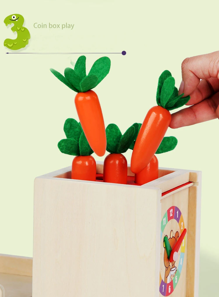 6-in-1 Wooden Montessori Toy Play Kit Object Permanence Box Play Set with Coin Box Carrot Harvest Shape Sorter Ball Drop Toy