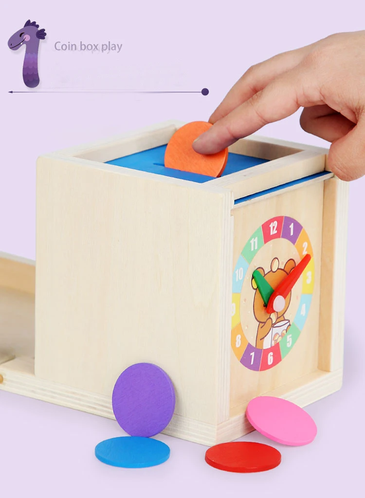 6-in-1 Wooden Montessori Toy Play Kit Object Permanence Box Play Set with Coin Box Carrot Harvest Shape Sorter Ball Drop Toy