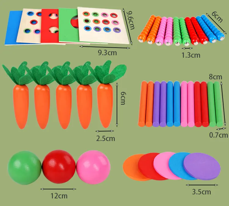 6-in-1 Wooden Montessori Toy Play Kit Object Permanence Box Play Set with Coin Box Carrot Harvest Shape Sorter Ball Drop Toy