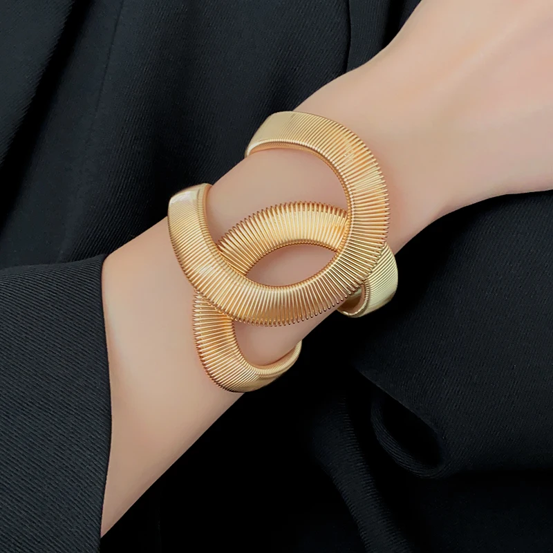 Gold Color Hollow Snake-shaped Bracelet For Women Fashion Simple Staggered Open Elastic Bracelet Exaggerated Writband Jewelry A