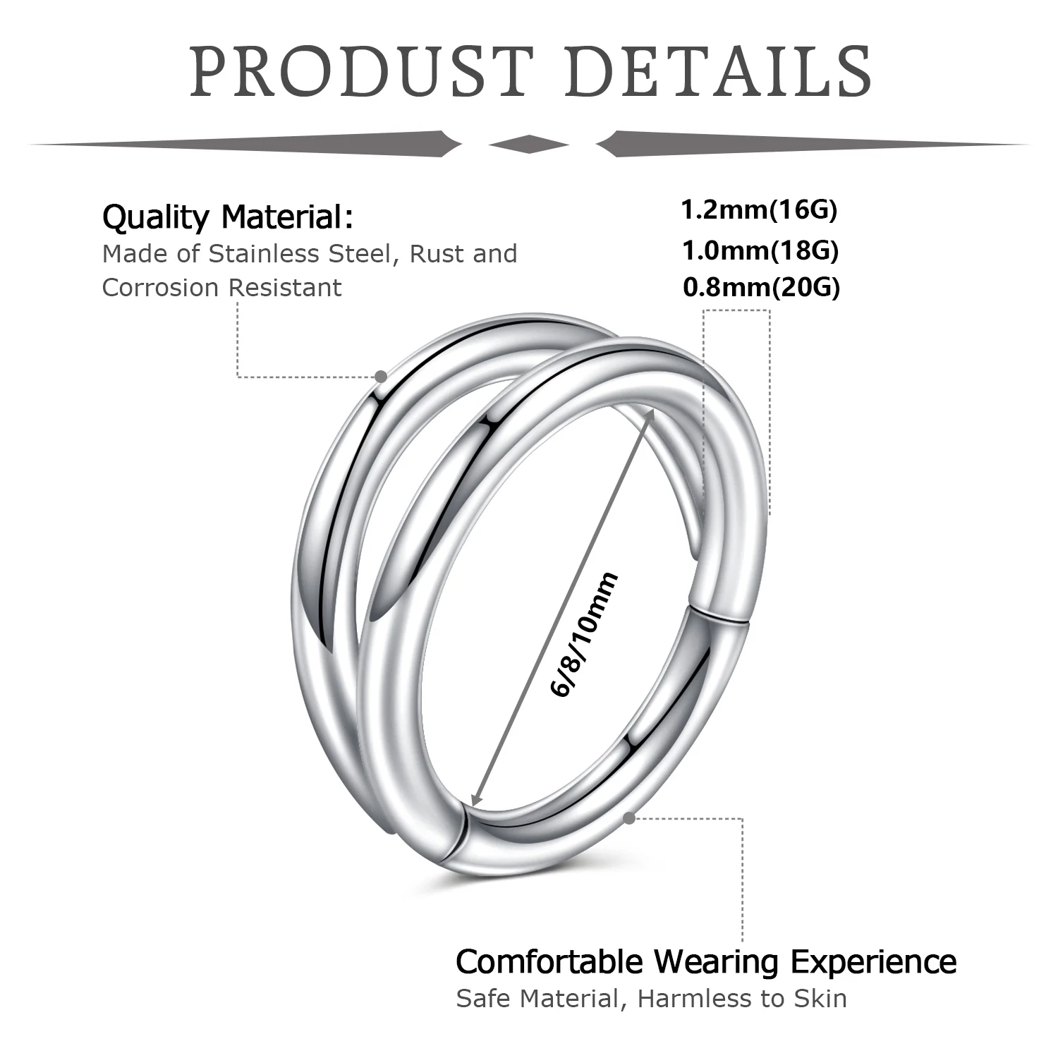 Double Septum Rings Nose Rings Hoops Cartilage Hoop Earring Piercing Nose Open Stacked Hoop Nose Rings 16G 18G 20G 6/8/10mm