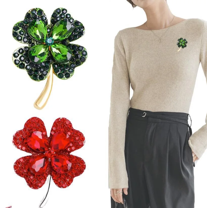 Green Red Crystal Rhinestone Four-Leaf Clover Flower Brooches Lapel Pins Jewelry Clothing Accessories Brooch for Women 2024