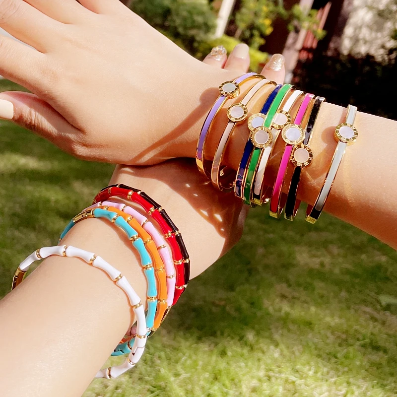 ZALMAN Brand Colorful Enamel Resin Bamboo Bangle Bracelet for Women Gold Color Stainless Steel Bangle Trendy Love Jewelry