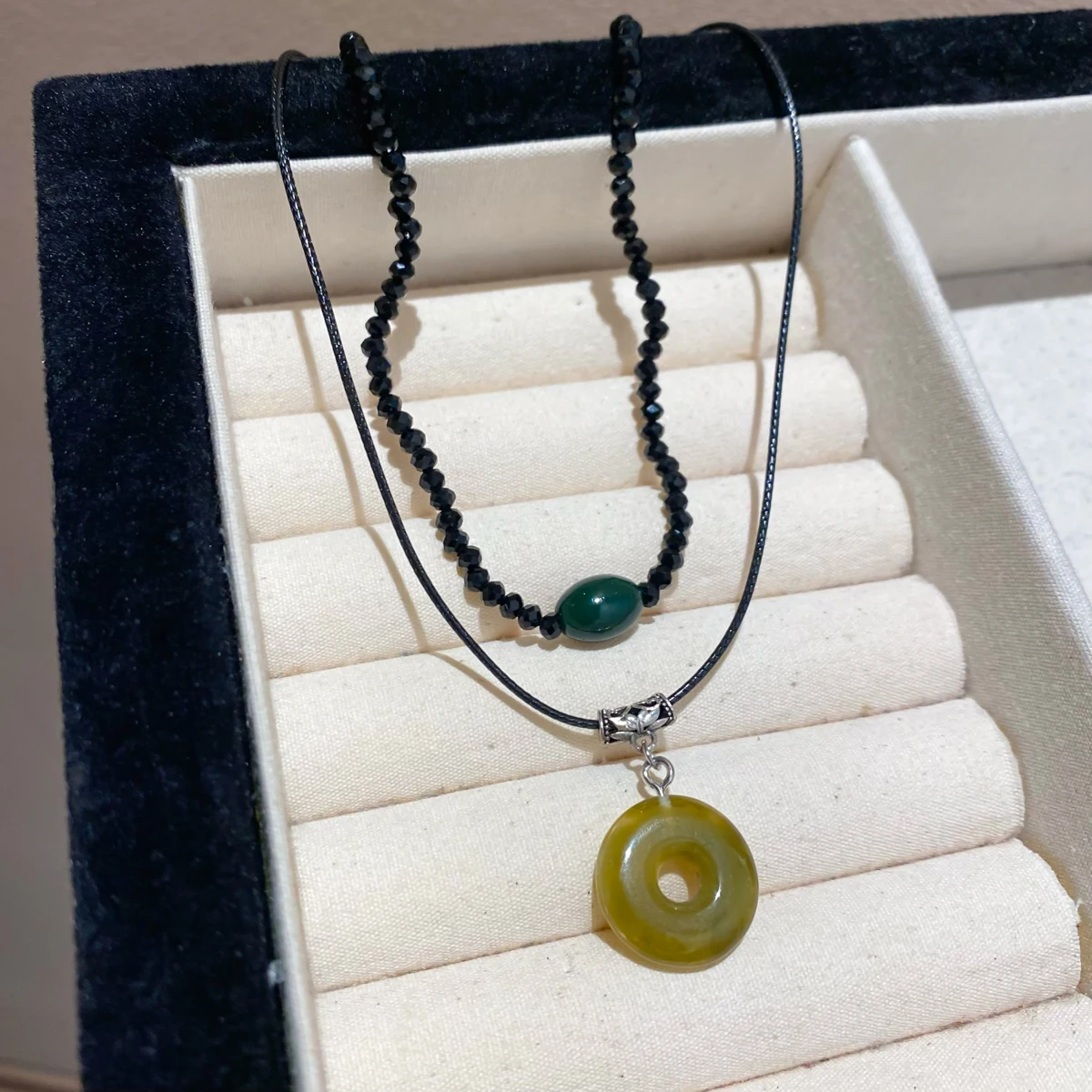 2 Pcs Vintage Peace Buckle Pendant Necklaces Natural Stone Beads Chains Choker Necklace Set Women Men Chinese Style Jewelry K-