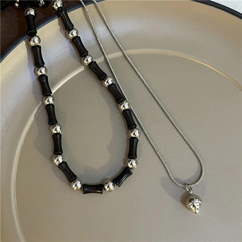 2 Pcs Vintage Peace Buckle Pendant Necklaces Natural Stone Beads Chains Choker Necklace Set Women Men Chinese Style Jewelry K-