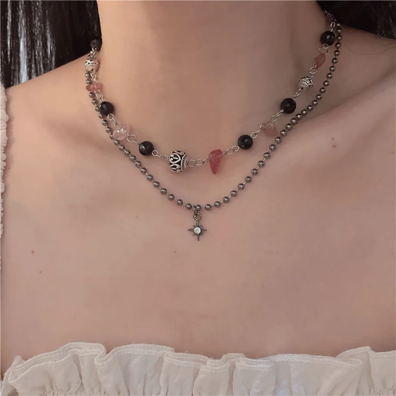 2 Pcs Vintage Peace Buckle Pendant Necklaces Natural Stone Beads Chains Choker Necklace Set Women Men Chinese Style Jewelry K-