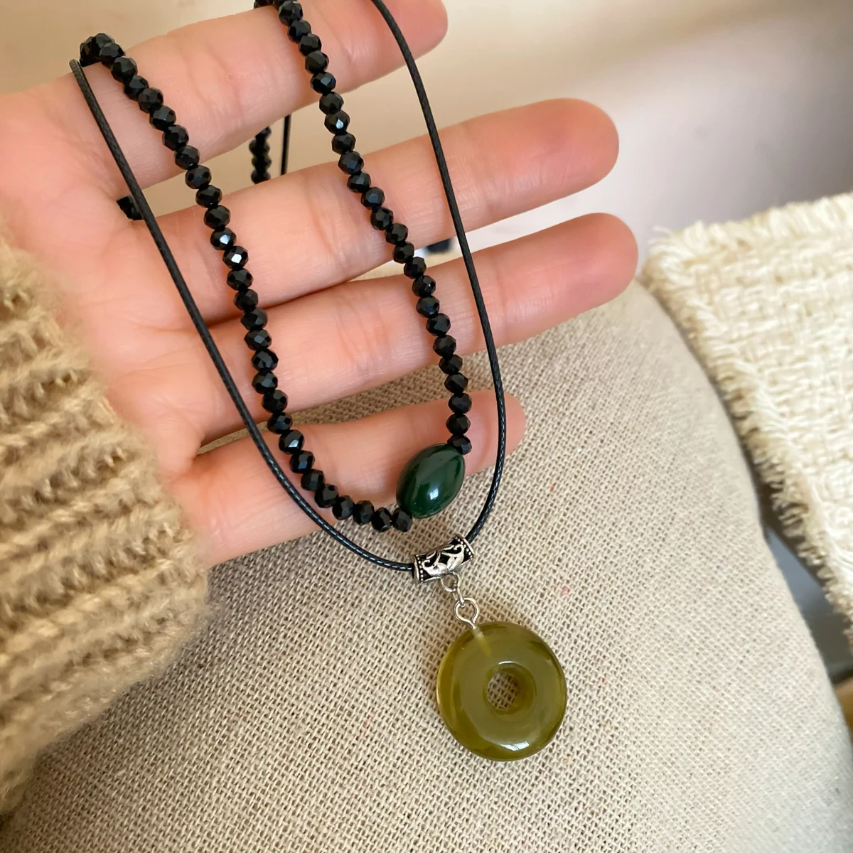 2 Pcs Vintage Peace Buckle Pendant Necklaces Natural Stone Beads Chains Choker Necklace Set Women Men Chinese Style Jewelry K-
