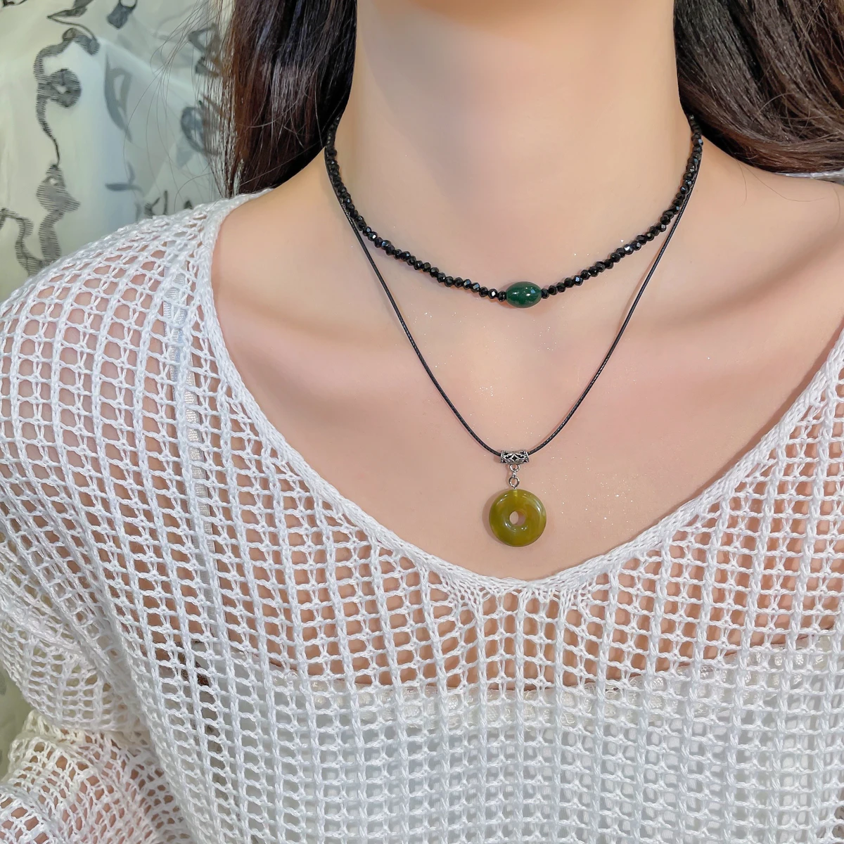 2 Pcs Vintage Peace Buckle Pendant Necklaces Natural Stone Beads Chains Choker Necklace Set Women Men Chinese Style Jewelry K-