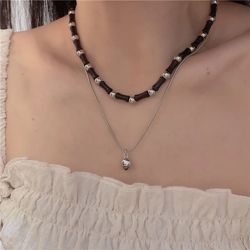 2 Pcs Vintage Peace Buckle Pendant Necklaces Natural Stone Beads Chains Choker Necklace Set Women Men Chinese Style Jewelry K-
