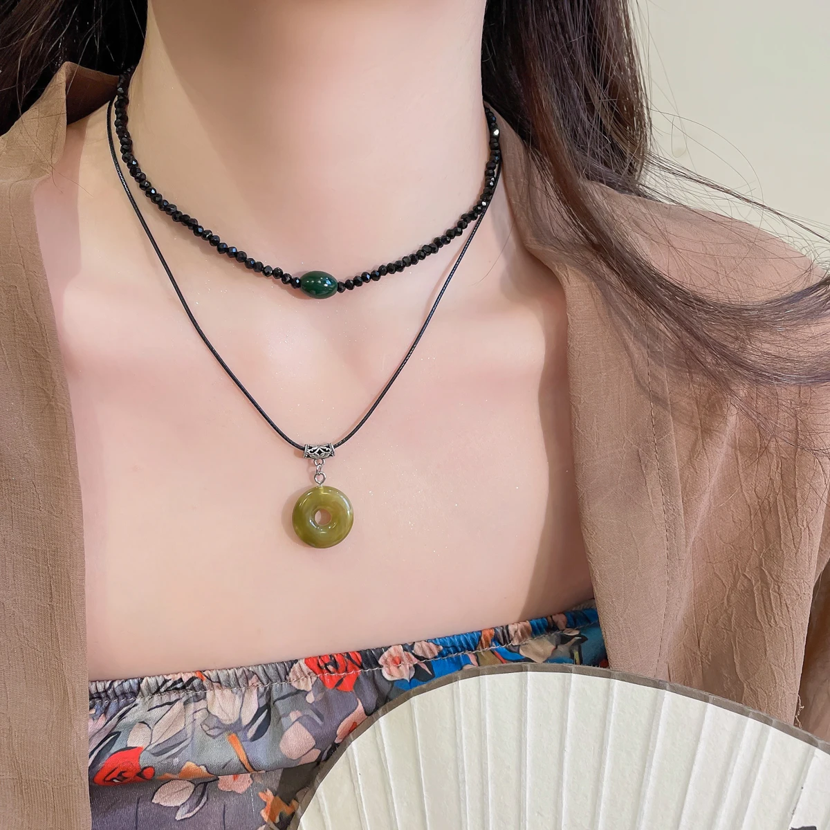2 Pcs Vintage Peace Buckle Pendant Necklaces Natural Stone Beads Chains Choker Necklace Set Women Men Chinese Style Jewelry K-