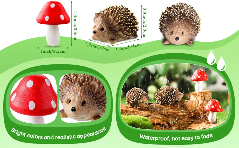 Outdoor Fairy Wild Garden Resin Hedgehogs and Wood Mushroom Accessories Miniature Garden for Plant Bonsai Craft Decor Supplies