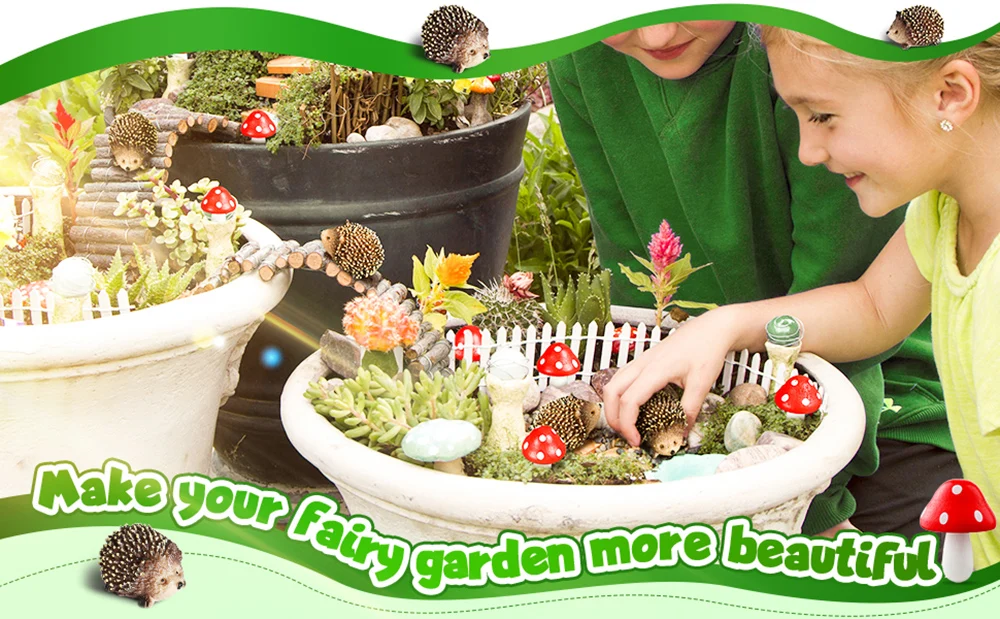 Outdoor Fairy Wild Garden Resin Hedgehogs and Wood Mushroom Accessories Miniature Garden for Plant Bonsai Craft Decor Supplies