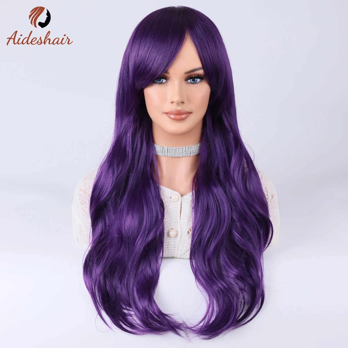 Aideshair Dark green midsection diagonal bangs long curly wig for women heat-resistant fiber synthetic wig daily Cosplay party