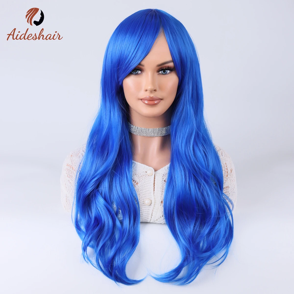 Aideshair Dark green midsection diagonal bangs long curly wig for women heat-resistant fiber synthetic wig daily Cosplay party