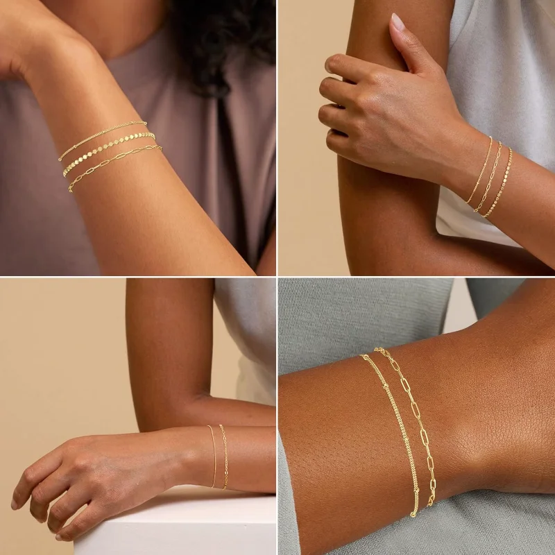 14K Dainty Gold Plated Stackable Bracelets for Women Trendy Chain Bracelets Paperclip Adjustable Tennis Cute Jewelry