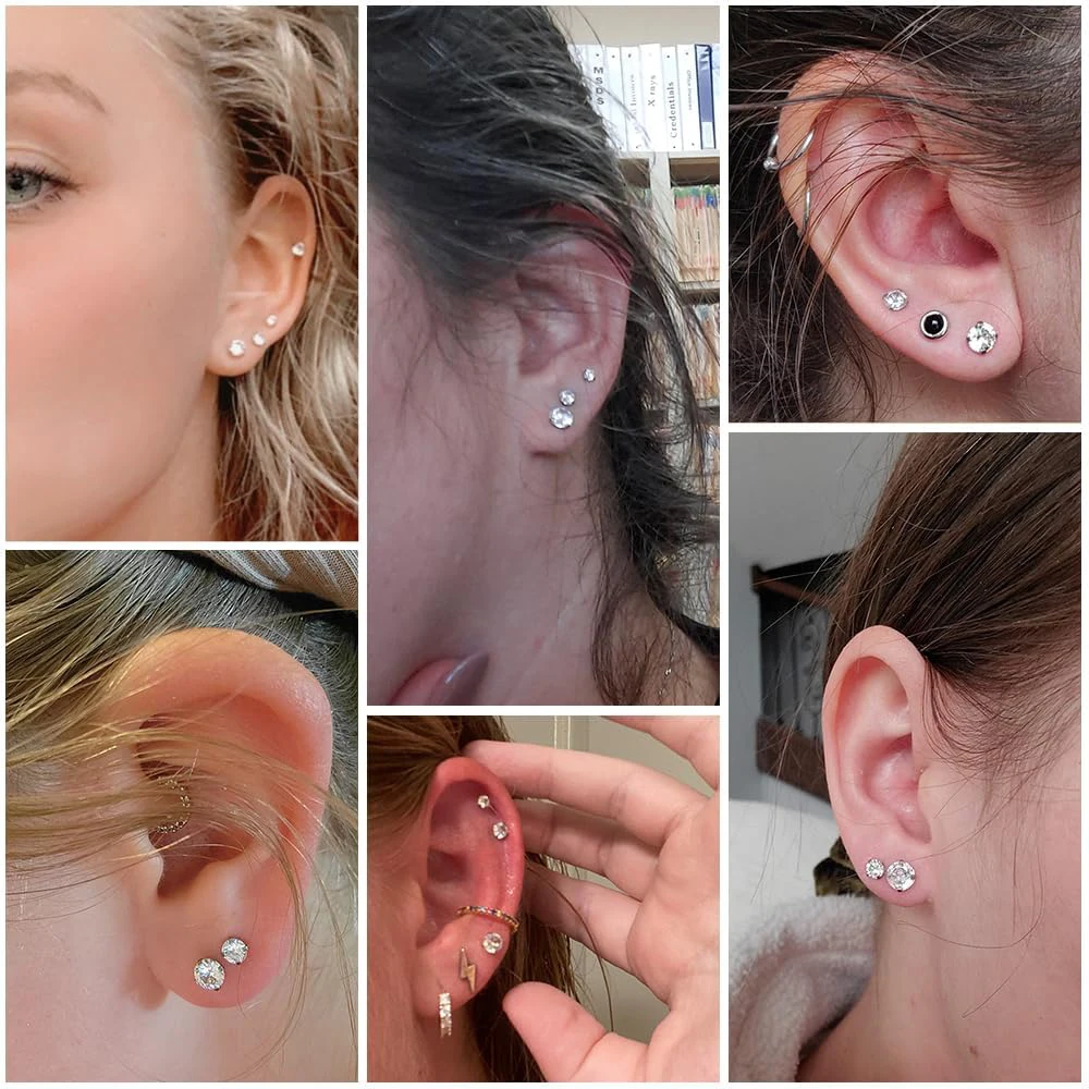 1 Pair Rose Gold Color Hypoallergenic 316L Stainless Steel White Cubic Zirconia CZ Stud Earrings Size 3-8mm