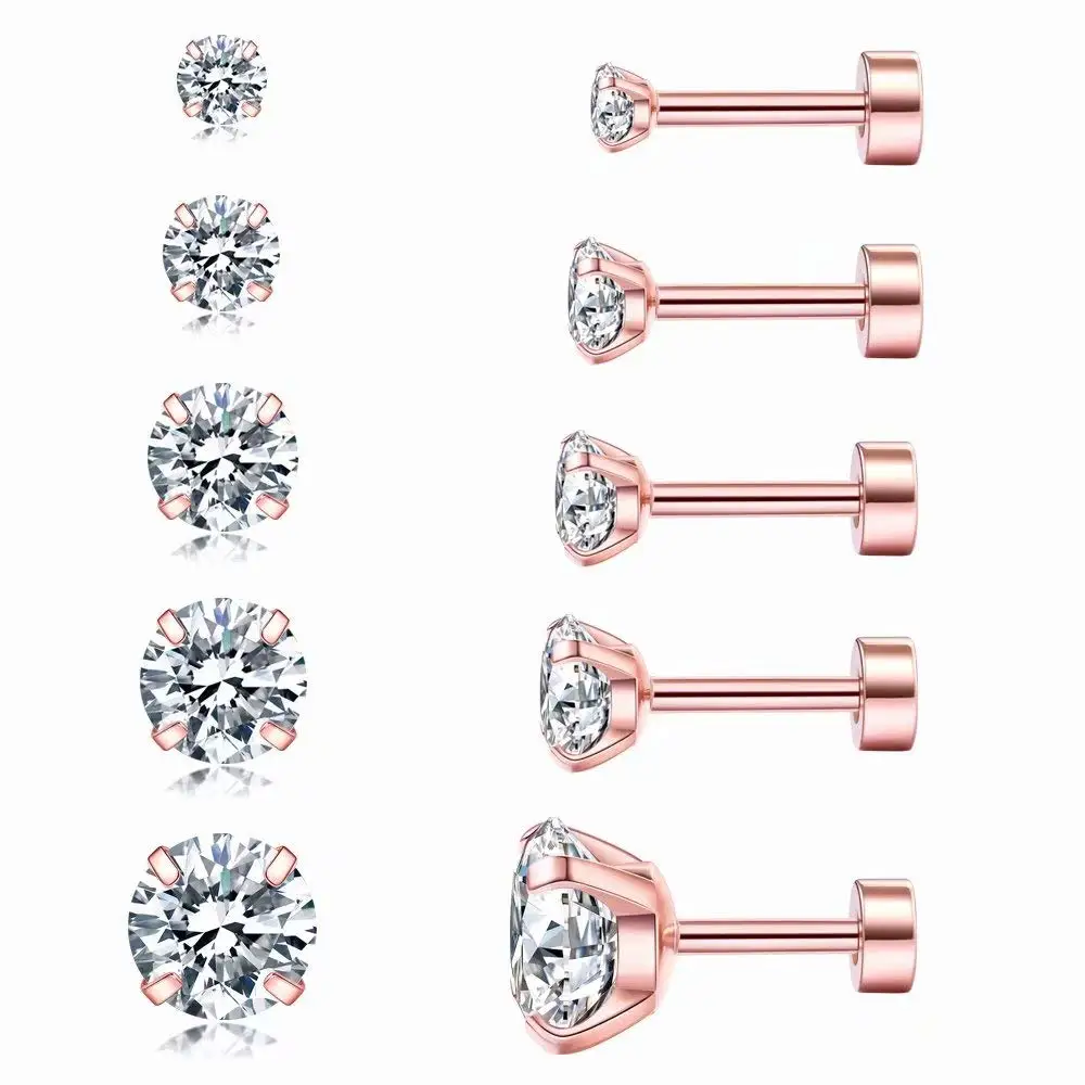 1 Pair Rose Gold Color Hypoallergenic 316L Stainless Steel White Cubic Zirconia CZ Stud Earrings Size 3-8mm