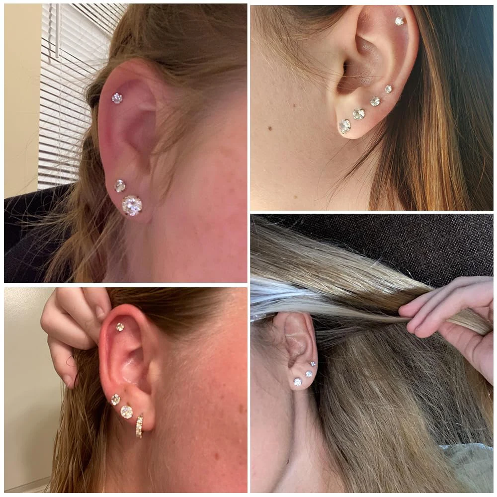 1 Pair Rose Gold Color Hypoallergenic 316L Stainless Steel White Cubic Zirconia CZ Stud Earrings Size 3-8mm