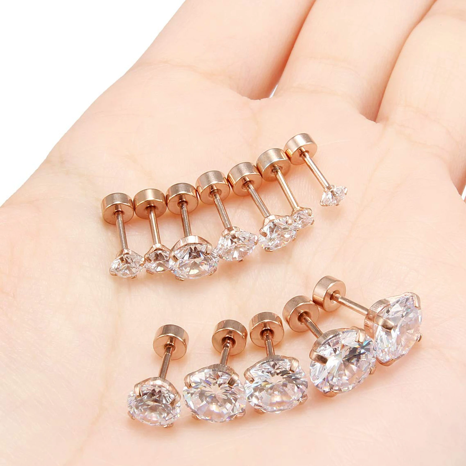 1 Pair Rose Gold Color Hypoallergenic 316L Stainless Steel White Cubic Zirconia CZ Stud Earrings Size 3-8mm