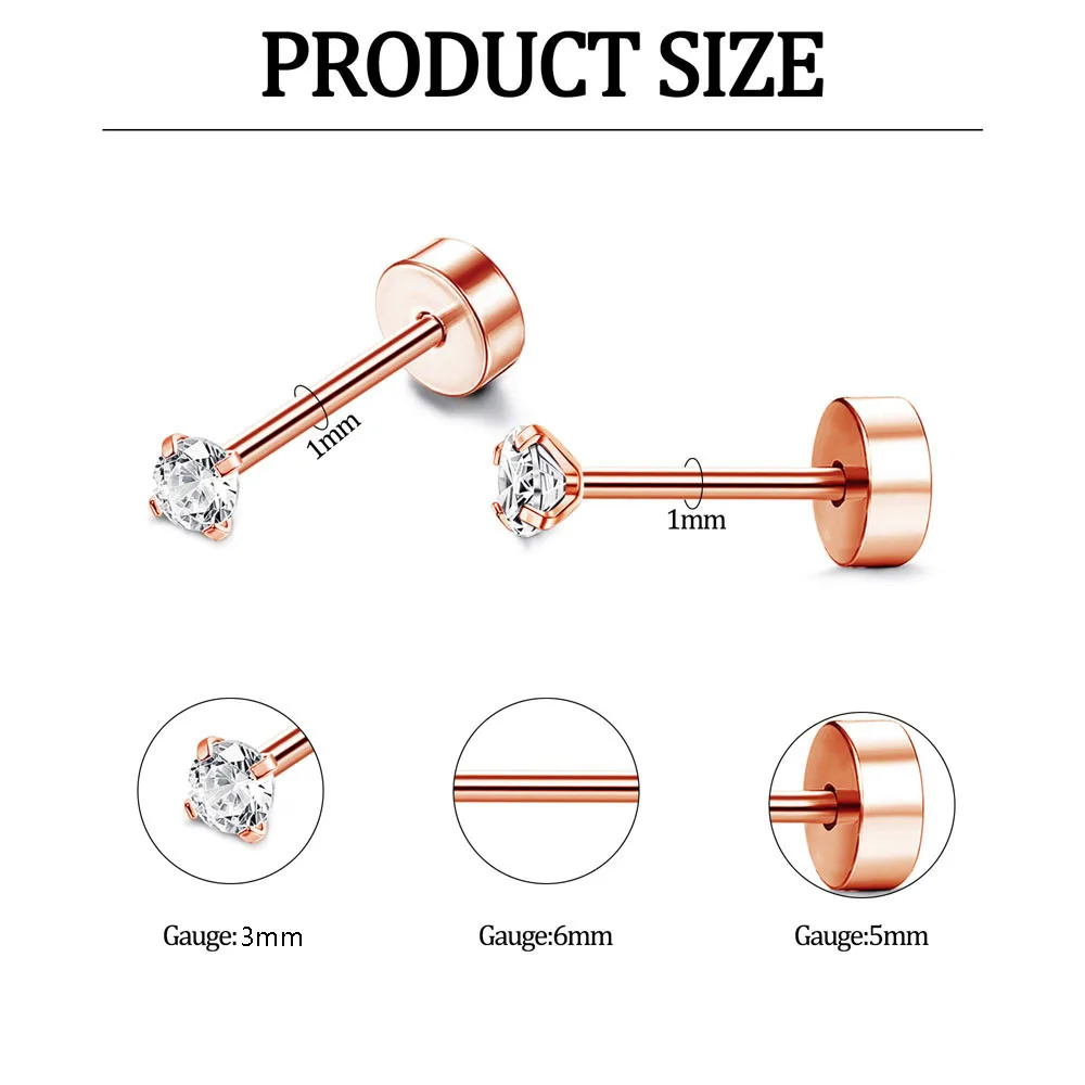 1 Pair Rose Gold Color Hypoallergenic 316L Stainless Steel White Cubic Zirconia CZ Stud Earrings Size 3-8mm