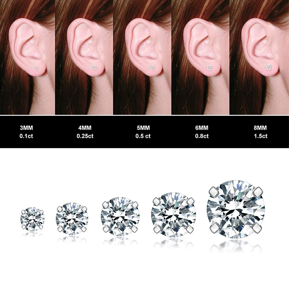 1 Pair Rose Gold Color Hypoallergenic 316L Stainless Steel White Cubic Zirconia CZ Stud Earrings Size 3-8mm