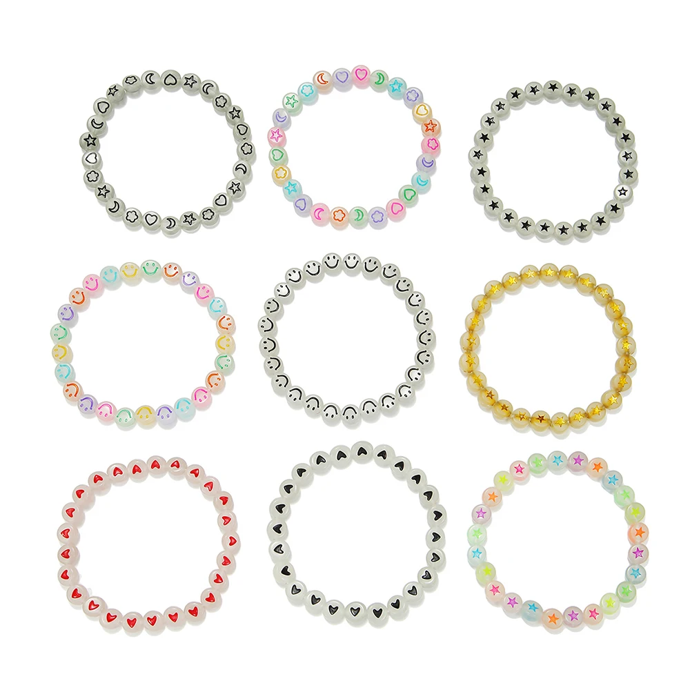 9pcs Girls Heart Star Cloud Smiling Face Luminous Beads Elastic Bracelet Set Girls Accessories Ideal choice for Gifts