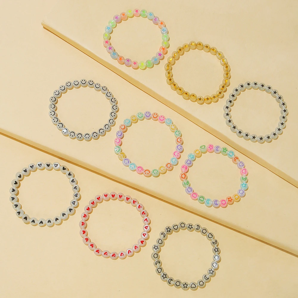 9pcs Girls Heart Star Cloud Smiling Face Luminous Beads Elastic Bracelet Set Girls Accessories Ideal choice for Gifts
