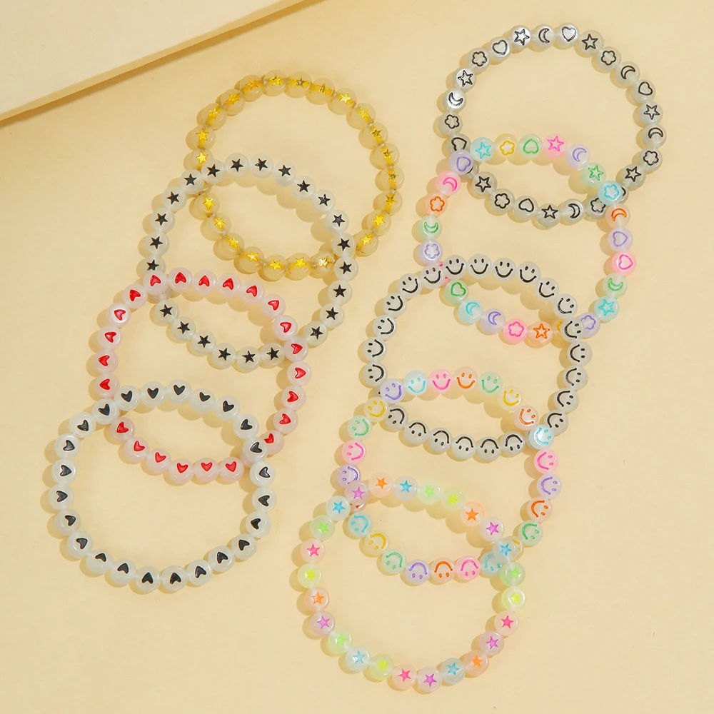 9pcs Girls Heart Star Cloud Smiling Face Luminous Beads Elastic Bracelet Set Girls Accessories Ideal choice for Gifts