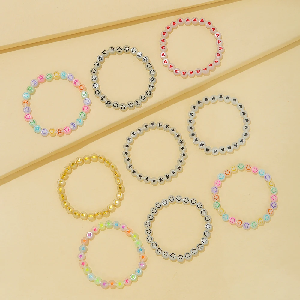 9pcs Girls Heart Star Cloud Smiling Face Luminous Beads Elastic Bracelet Set Girls Accessories Ideal choice for Gifts