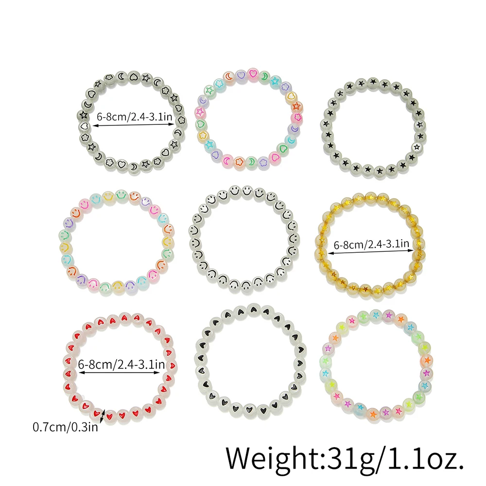 9pcs Girls Heart Star Cloud Smiling Face Luminous Beads Elastic Bracelet Set Girls Accessories Ideal choice for Gifts