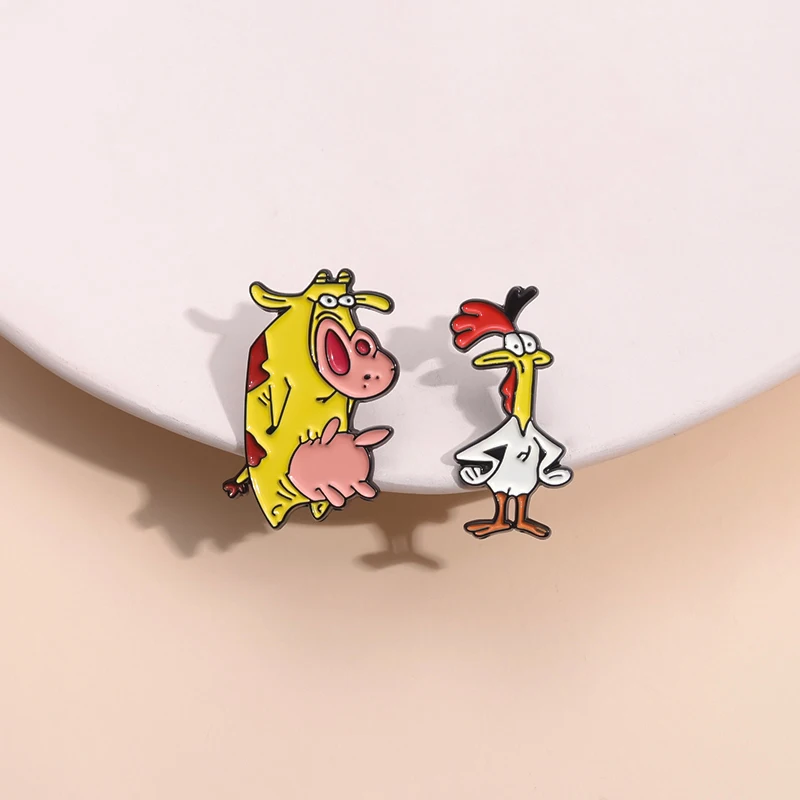 Cartoon Manga Enamel Pins Custom Cute Rooster Cow Brooches Lapel Badges Animal Jewelry Gift for Kids Friends