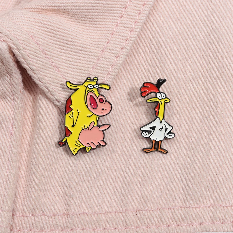 Cartoon Manga Enamel Pins Custom Cute Rooster Cow Brooches Lapel Badges Animal Jewelry Gift for Kids Friends