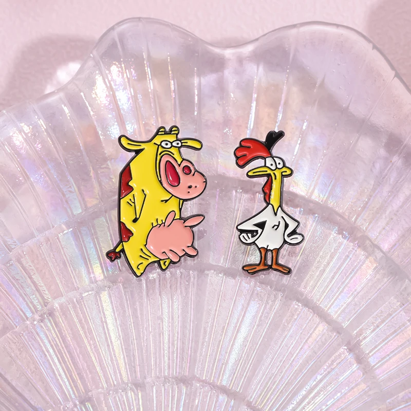 Cartoon Manga Enamel Pins Custom Cute Rooster Cow Brooches Lapel Badges Animal Jewelry Gift for Kids Friends