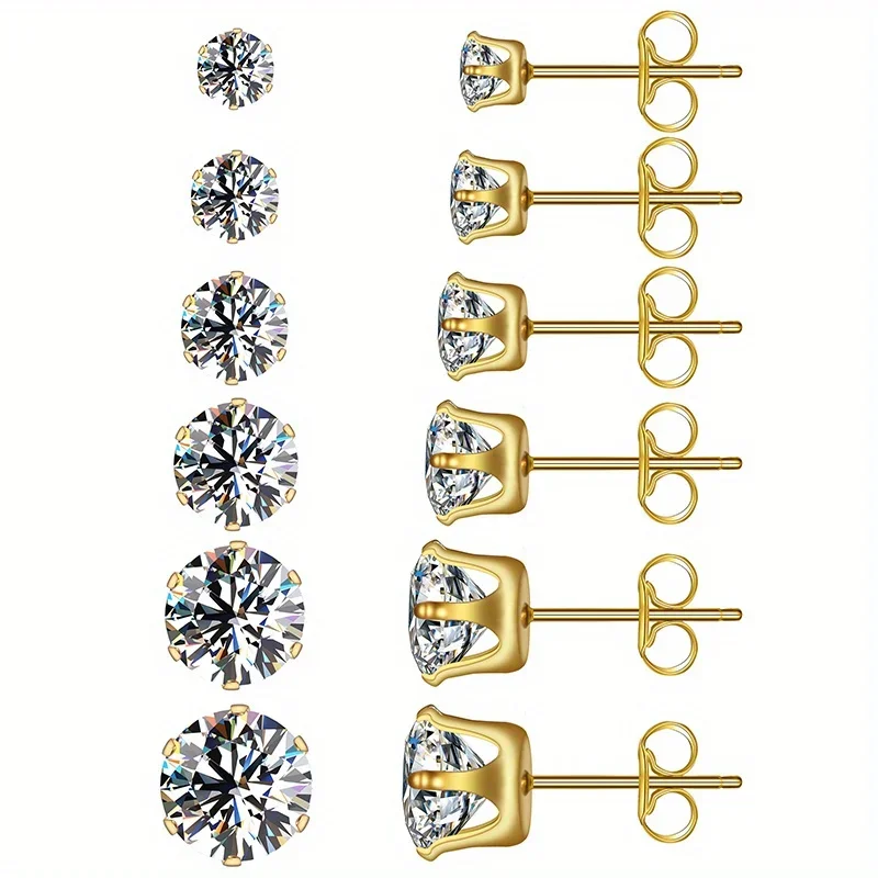 6pairs/set 3-8mm Stainless Steel Stud Earrings With Sparkling Hypoallergenic Cubic Zircon For Men And Women
