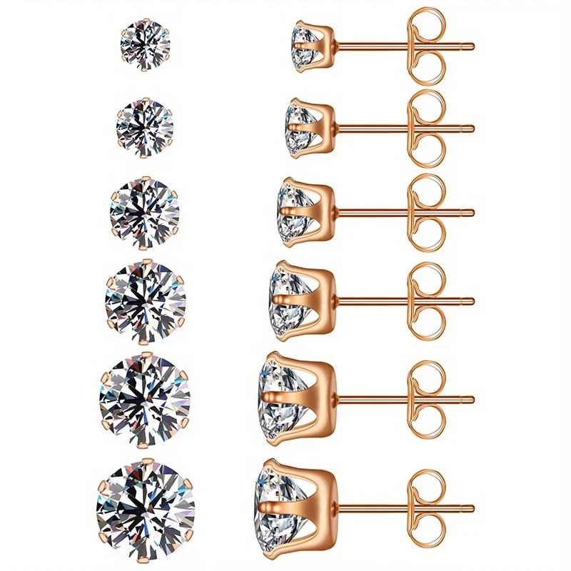 6pairs/set 3-8mm Stainless Steel Stud Earrings With Sparkling Hypoallergenic Cubic Zircon For Men And Women