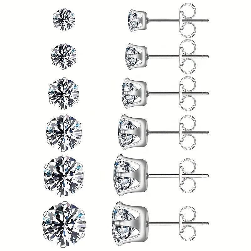 6pairs/set 3-8mm Stainless Steel Stud Earrings With Sparkling Hypoallergenic Cubic Zircon For Men And Women