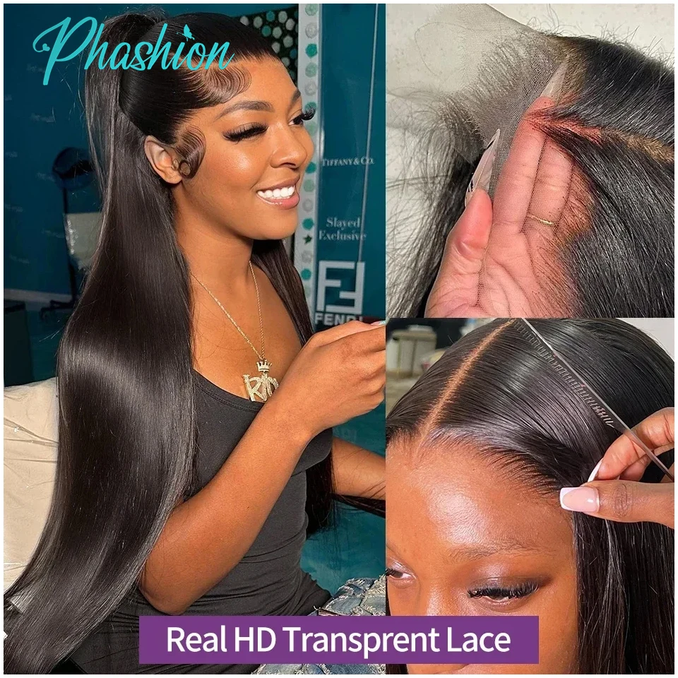 Phashion 28 Inch 13x6 Lace Frontal Straight Pre Plucked Swiss Closure Transparent Full Front Only Natural Black 100% Human Hair
