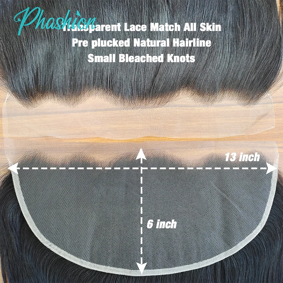 Phashion 28 Inch 13x6 Lace Frontal Straight Pre Plucked Swiss Closure Transparent Full Front Only Natural Black 100% Human Hair
