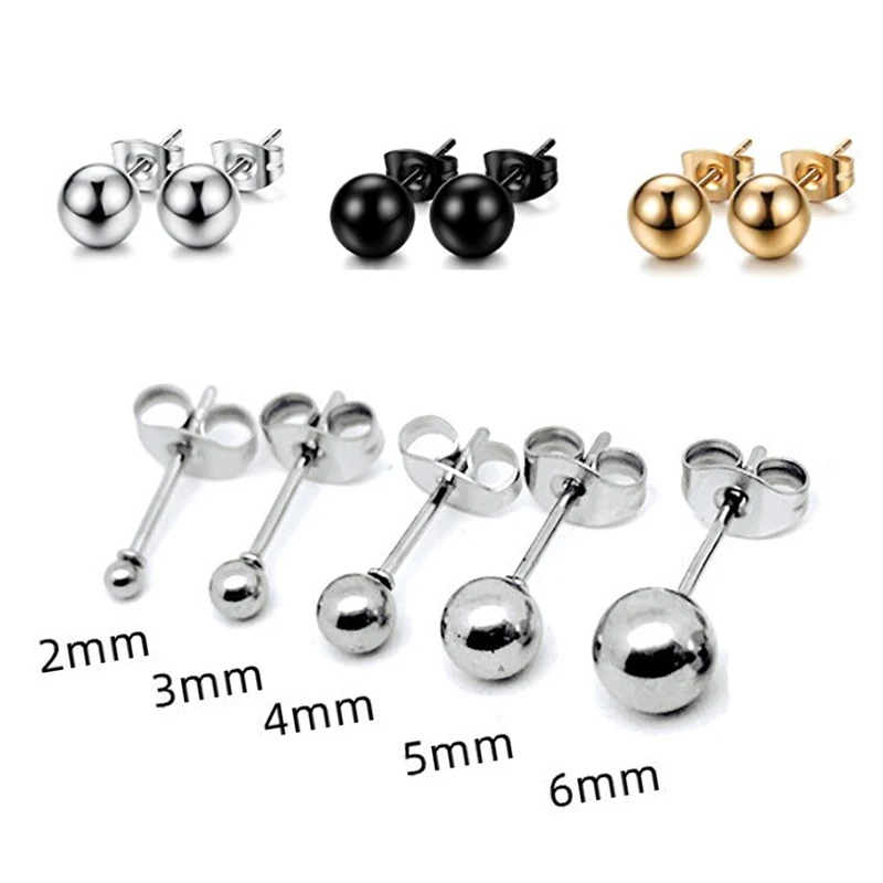 10pcs/lot Solid Round Ball Earring Stud Post Fit 316L Stainless Steel Hypoallergenic Bead Earring Jewelry 2/3/4/5/6mm