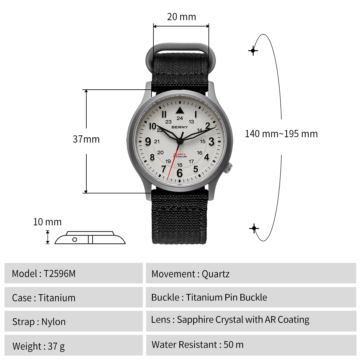 BERNY Titanium Watches for Men Classic Mens Field Watch Easy Read Outdoor Quartz Wristwatch Super Luminous Sapphire 5ATM