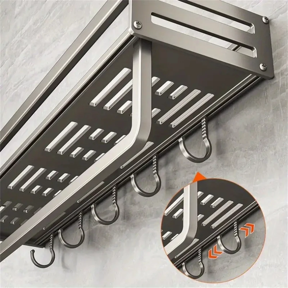 Aluminum Wall-Mounted Spice Rack Multifunctional Item Shelf Kitchen Tools Hooks Kitchen Condiment Storage Rack