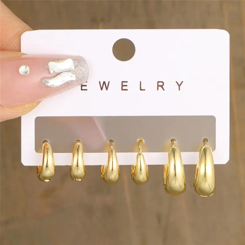3Pcs/Set Trendy Fashion Classic Style Copper Alloy Gold-Color Smooth Metal O- shaped Circular Earrings For Woman Party Jewelry