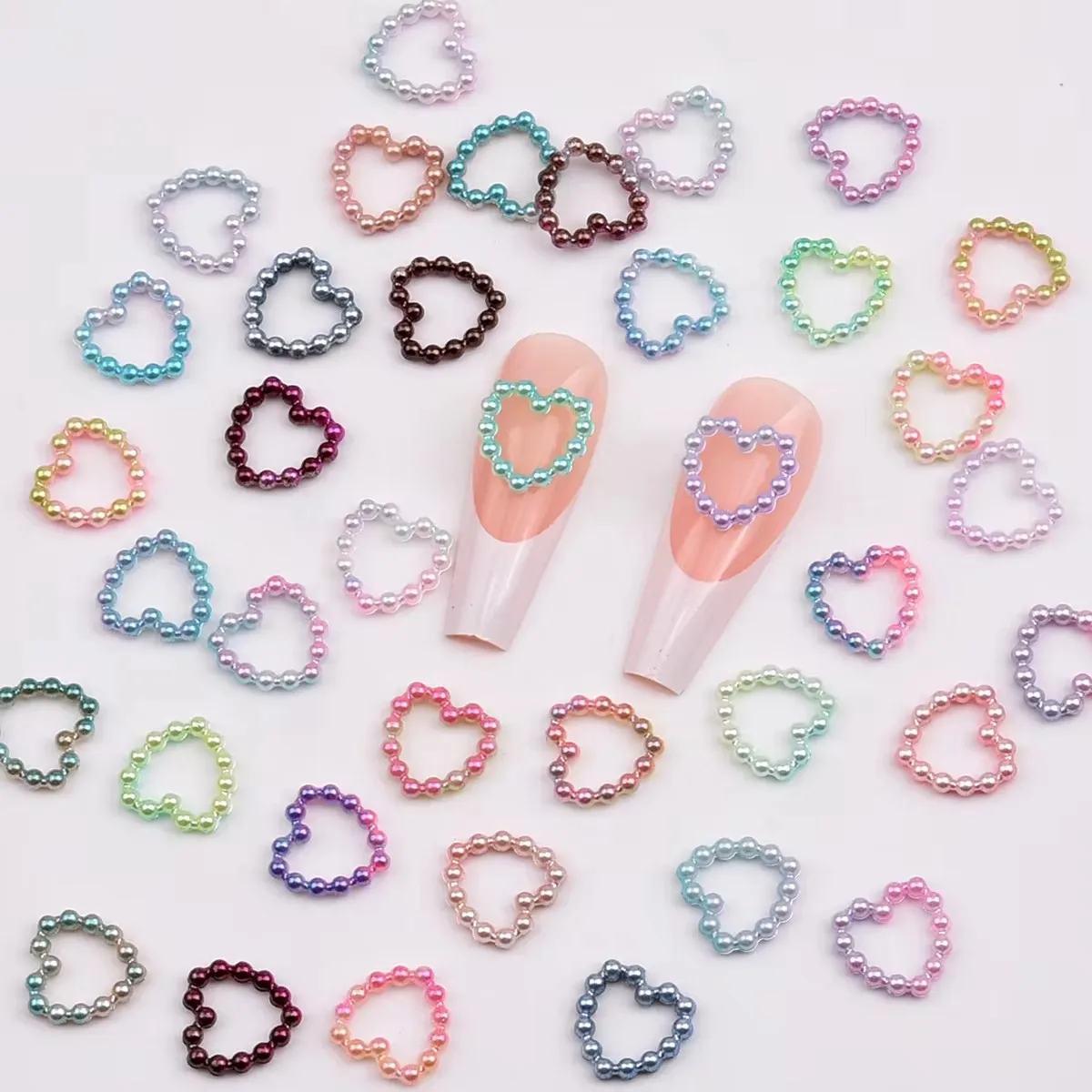 100pcs White Purple Pink Heart Pearl Nail Decoration Hollow Charms Bulk 3D Nail Art Accessories For Women Girl Nails