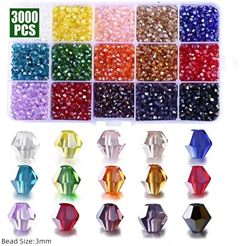 3 4 6mm Bicone Crystal Beads Box Multi-faceted Irregular Glass Bead Set 15 Grid Loose Spacer Kit for Jewelry Making DIY Bracelet