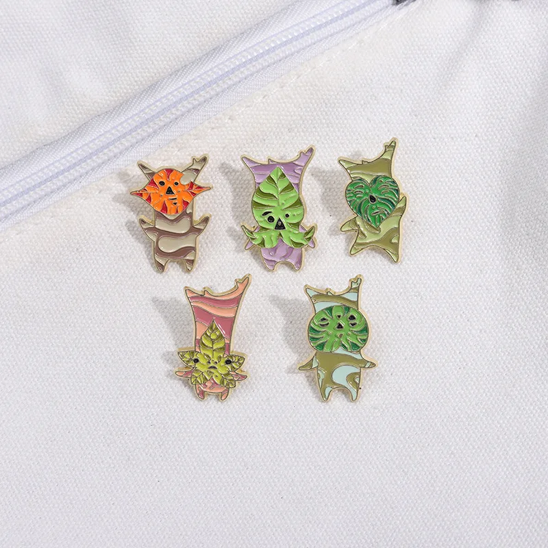 Cartoon Game Elf Enamel Pins Custom Leaf Spliced Fox Octopus Brooches Lapel Badges Animal Plant Jewelry Gift for Friends