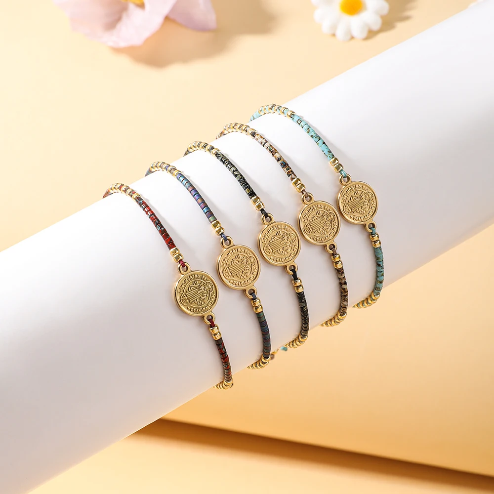Antique Gold Color Saint Benedict of Nursia Stainless Steel Bracelet Glass Bead Rope Chain for Men Women Wholesale