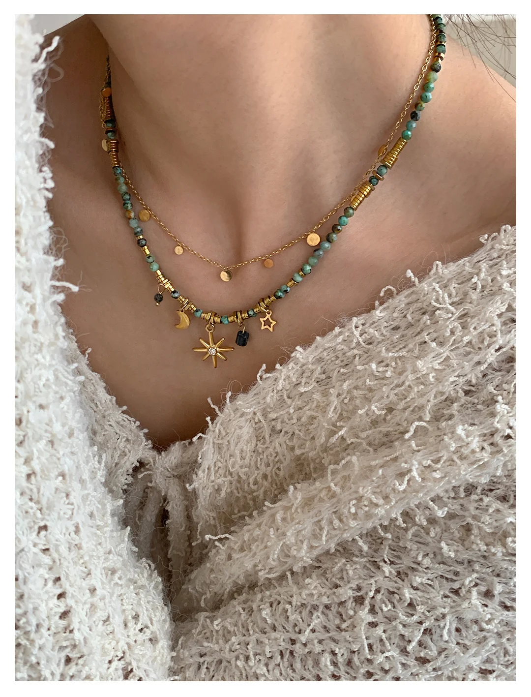 Peri'sBox Vintage Natural Stone Beads Necklace Women's Charm Mang Star Pendant Can be Stacked Jewelry Gothic Jewelry Gifts