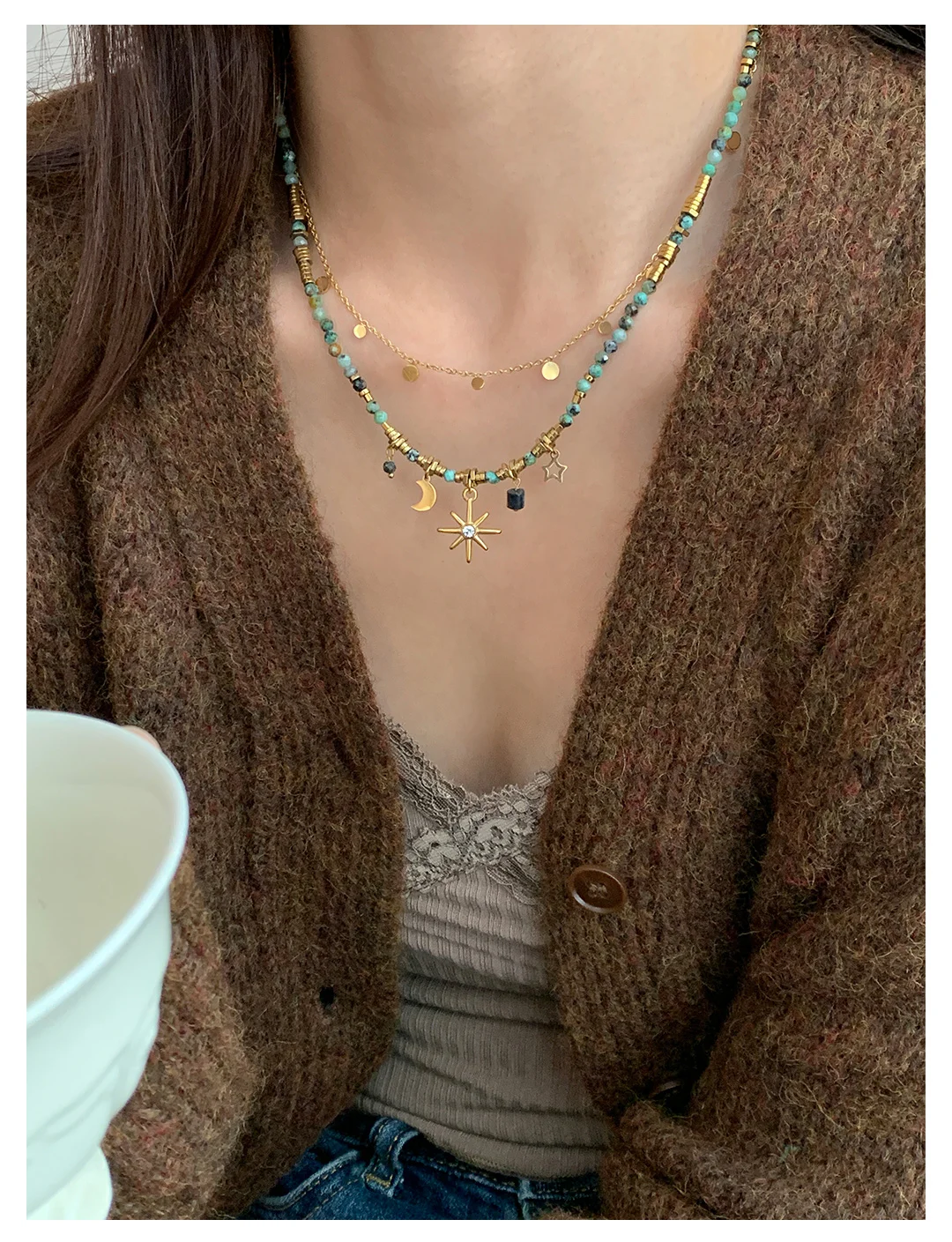 Peri'sBox Vintage Natural Stone Beads Necklace Women's Charm Mang Star Pendant Can be Stacked Jewelry Gothic Jewelry Gifts