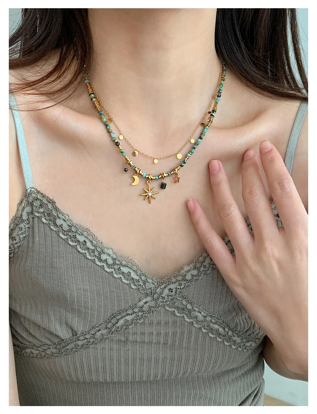 Peri'sBox Vintage Natural Stone Beads Necklace Women's Charm Mang Star Pendant Can be Stacked Jewelry Gothic Jewelry Gifts