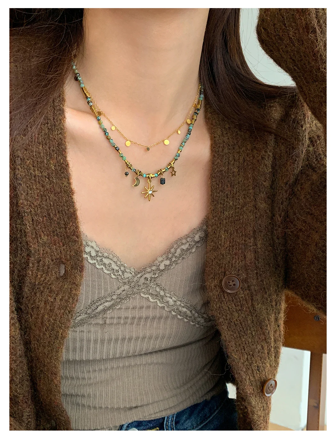 Peri'sBox Vintage Natural Stone Beads Necklace Women's Charm Mang Star Pendant Can be Stacked Jewelry Gothic Jewelry Gifts